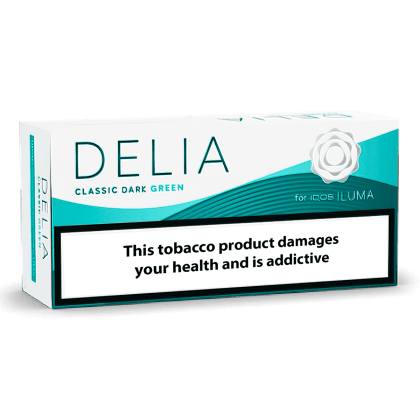DELIA Classic Dark Green pack of heated tobacco sticks on white background