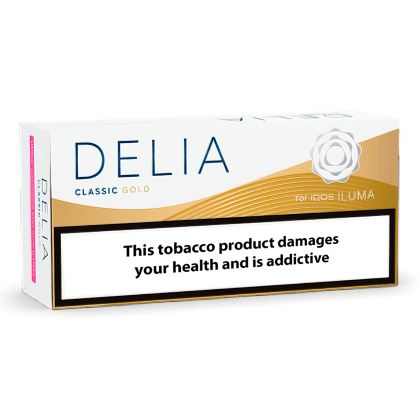 DELIA Classic Gold pack of heated tobacco sticks on white background
