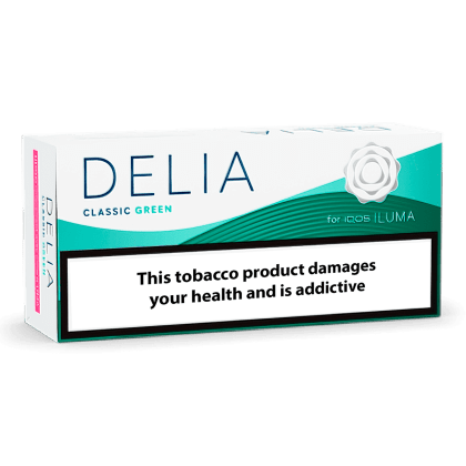 DELIA Classic Green pack of heated tobacco sticks on white background