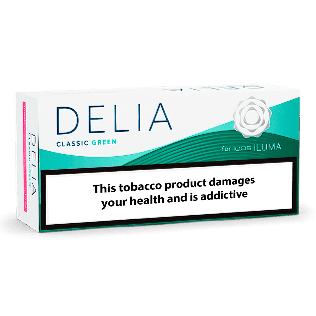 DELIA Classic Green pack of heated tobacco sticks on white background