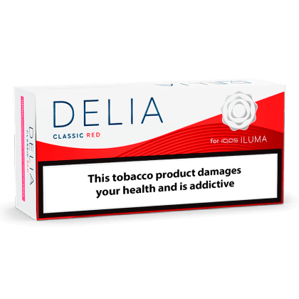 DELIA Classic Red pack of heated tobacco sticks on white background