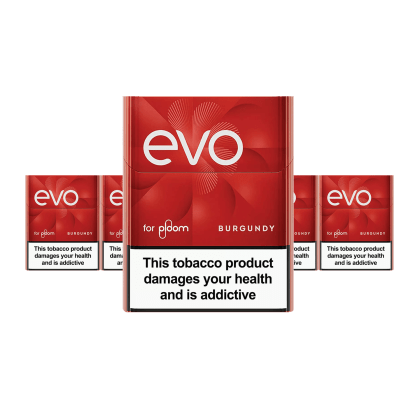 EVO Burgundy pack of heated tobacco sticks on white background