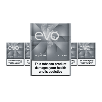 EVO Silver pack of heated tobacco sticks on white background