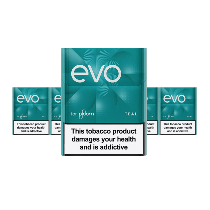 EVO Teal pack of heated tobacco sticks on white background