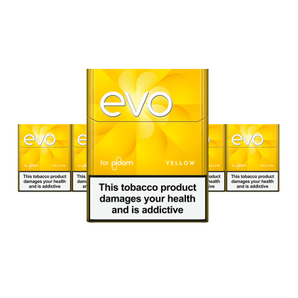 EVO Yellow pack of heated tobacco sticks on white background