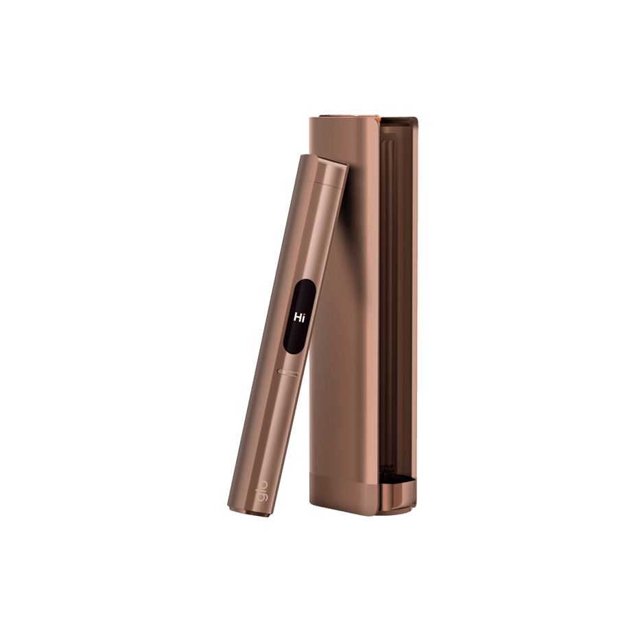 glo Hilo Plus Amber heated tobacco device, front view on white background