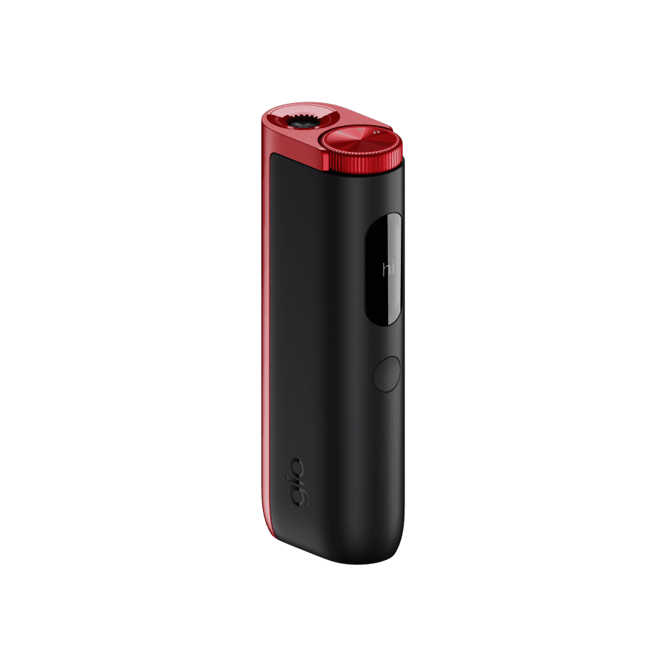 glo Hyper PRO Ruby Black heated tobacco device, front view on white background