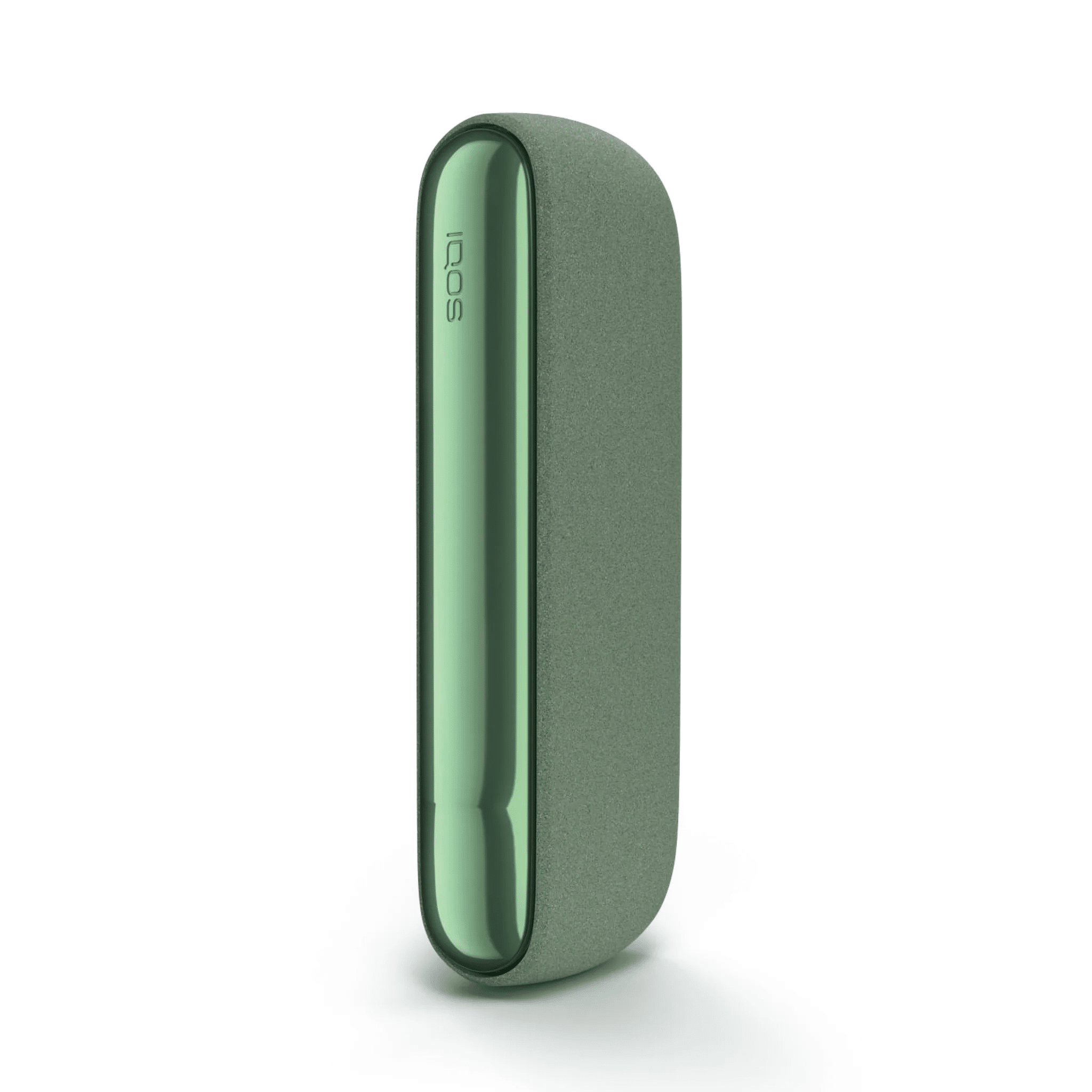 IQOS ILUMA Pocket Charger Moss Green heated tobacco device, front view on white background