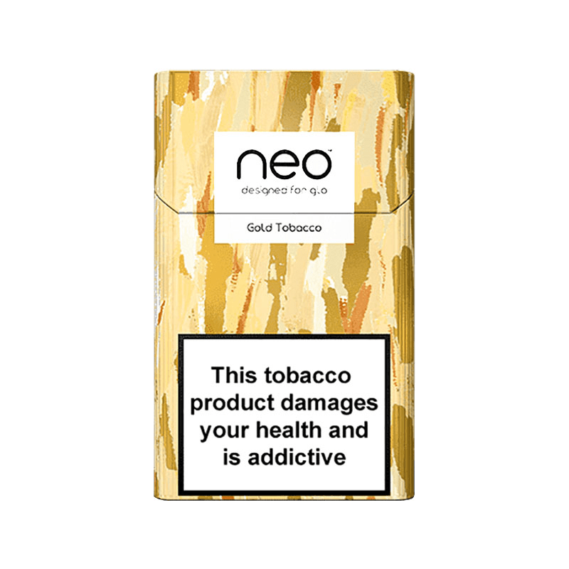 NEO Gold Tobacco pack of heated tobacco sticks on white background