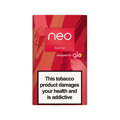 NEO Scarlet pack of heated tobacco sticks on white background