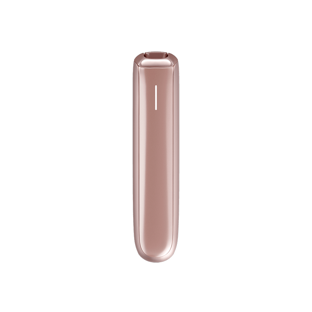 Ploom AURA Rose Gold heated tobacco device, front view on white background